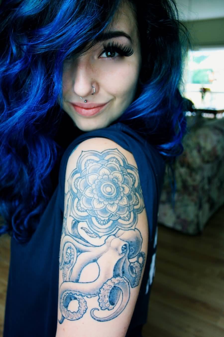 Black Ink Flower With Octopus Tattoo On Girl Left Half Sleeve