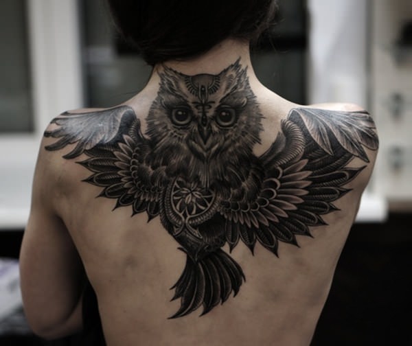 Black Ink Flying Owl Tattoo On Upper Back By Darius Puodziukas