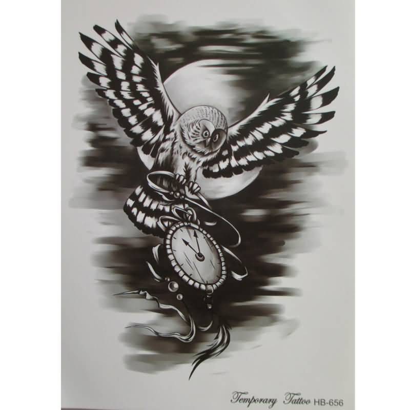 Black Ink Flying Owl With Pocket Watch Tattoo Design