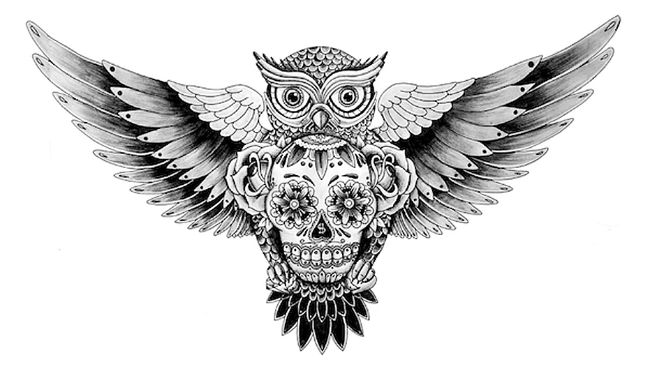 Black Ink Flying Owl With Sugar Skull And Roses Tattoo Design By Nicholas Christowitz