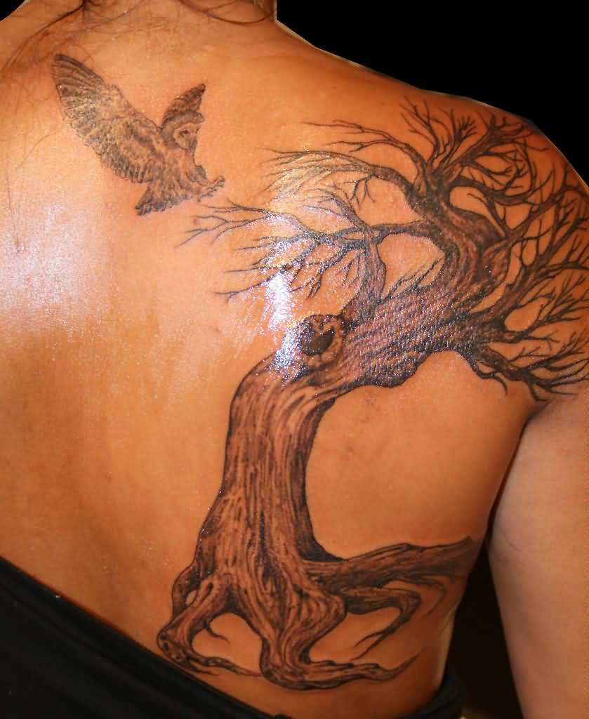 Black Ink Flying Owl With Tree Tattoo On Upper Back