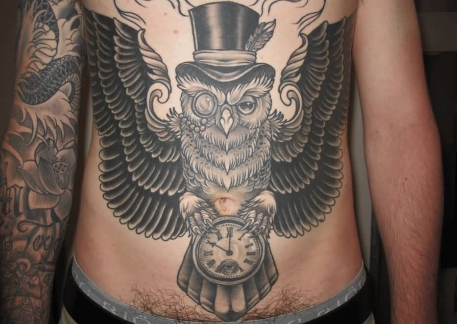 Black Ink Gentleman Owl With Pocket Watch Tattoo On Man Stomach