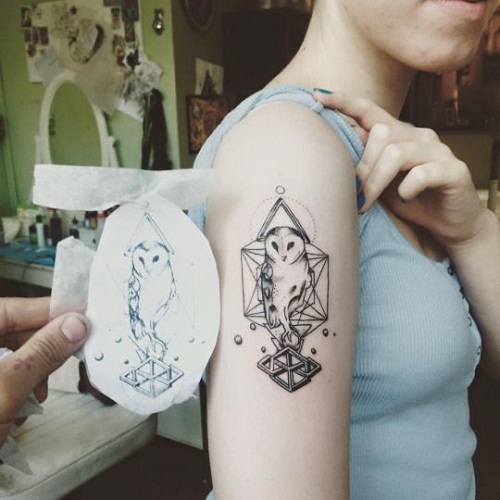 Black Ink Geometric Owl Tattoo On Girl Right Shoulder