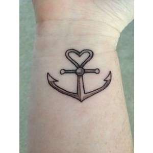 Black Ink Heart Anchor Tattoo On Right Wrist