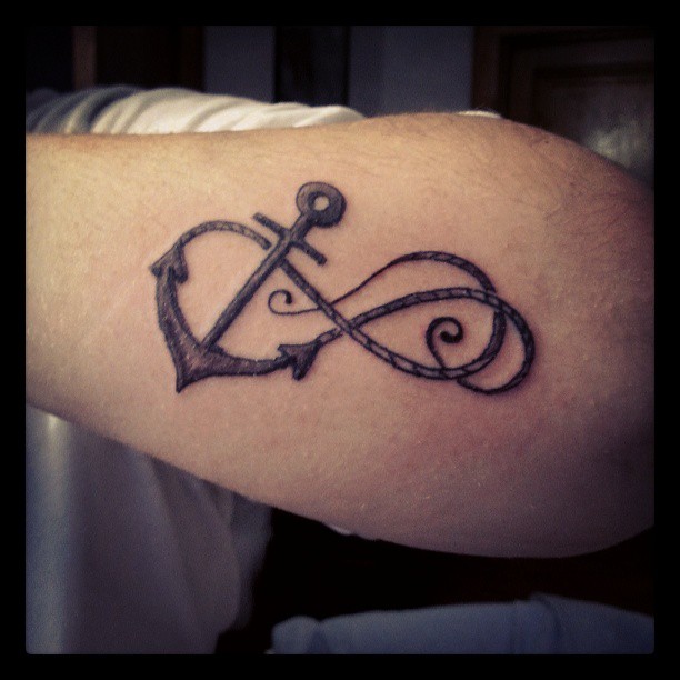 Black Ink Infinity With Anchor Tattoo Design For Forearm