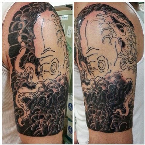 Black Ink Japanese Octopus Tattoo On Left Shoulder