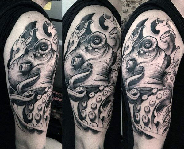 Black Ink Japanese Octopus Tattoo On Right Half Sleeve