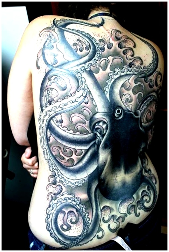 Black Ink Japanese Octopus Tattoo On Women Full Back