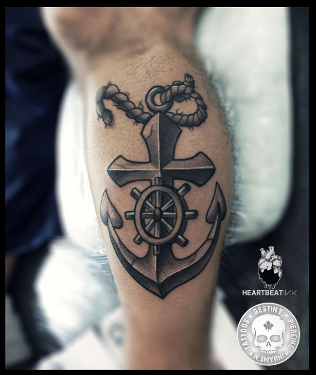 Black Ink Neo Anchor With Ship Wheel Tattoo Design For Leg Calf