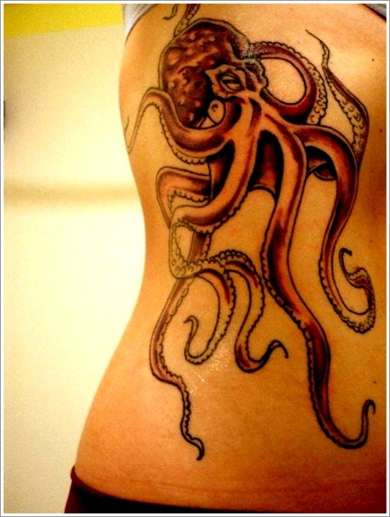 Black Ink Octopus Tattoo Design For Girl Side Rib