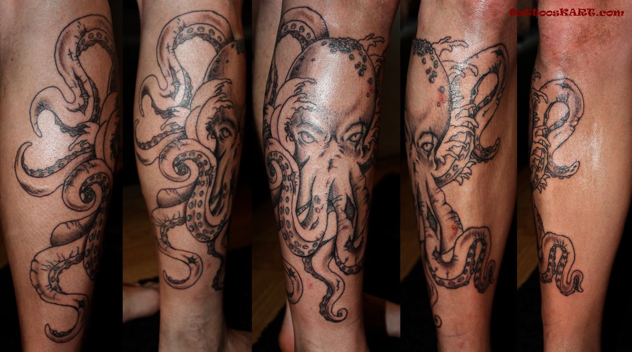 Black Ink Octopus Tattoo Design For Leg