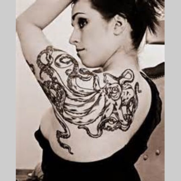 Black Ink Octopus Tattoo On Girl Left Back Shoulder