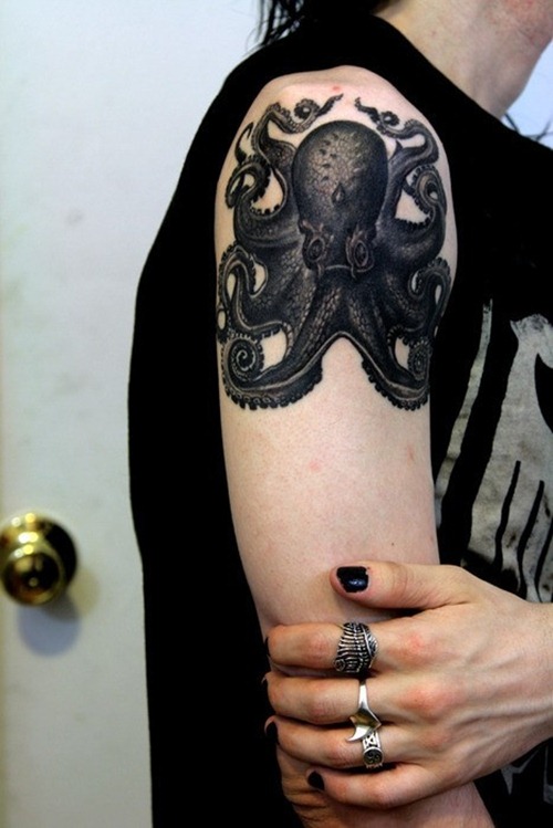 Black Ink Octopus Tattoo On Girl Right Shoulder