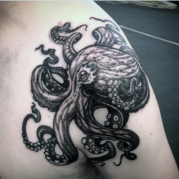 Black Ink Octopus Tattoo On Left Shoulder By Kevinfarrand