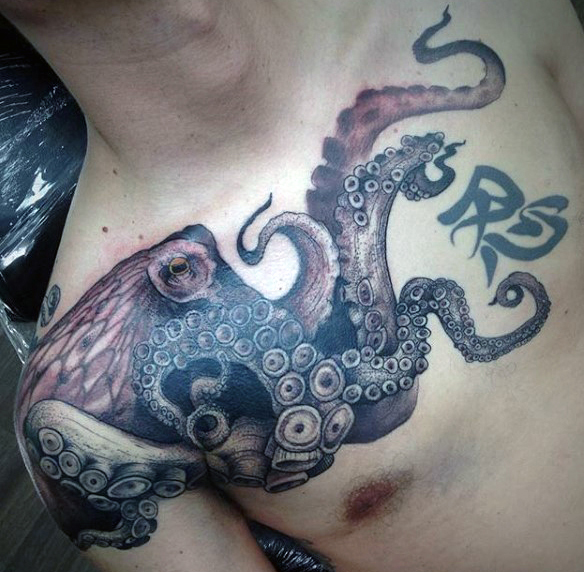 Black Ink Octopus Tattoo On Man Right Shoulder And Front Chest