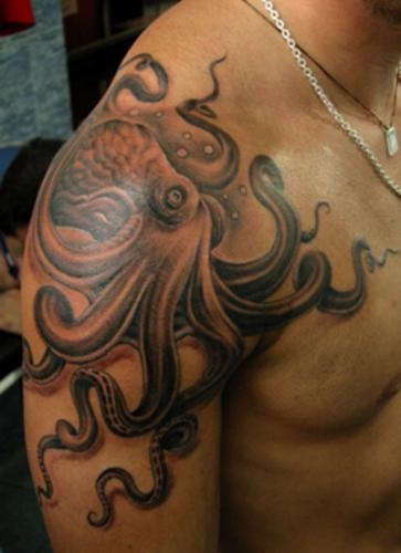 Black Ink Octopus Tattoo On Man Right Shoulder By Victor Portugal
