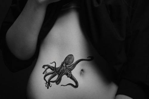 Black Ink Octopus Tattoo On Stomach