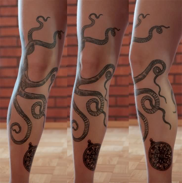 Black Ink Octopus With Pocket Watch Tattoo On Full Leg