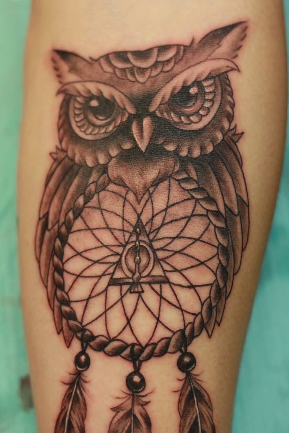 Black Ink Owl Dreamcatcher Tattoo Design For Female Forearm