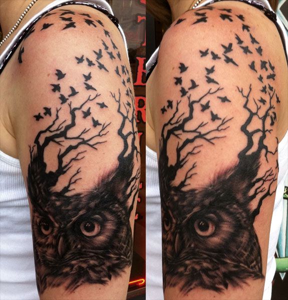 Black Ink Owl Head With Tree And Flying Birds Tattoo On Left Half Sleeve