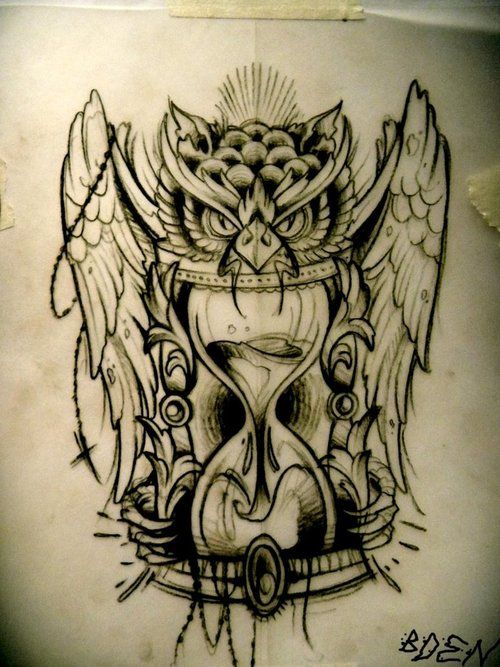 Black Ink Owl Hourglass Tattoo Design By boenone