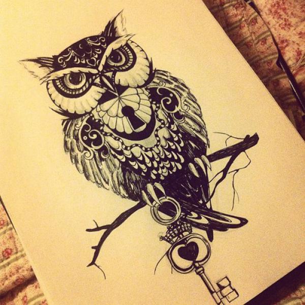 Black Ink Owl Lock On Branch With Key Tattoo Design