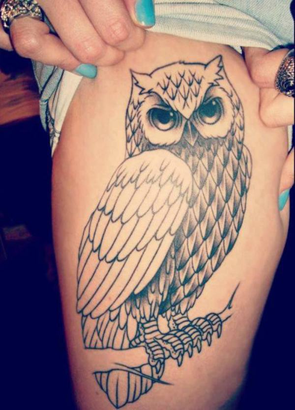 Black Ink Owl On Branch Tattoo Design For Girl Thigh By Sammie Gumbley