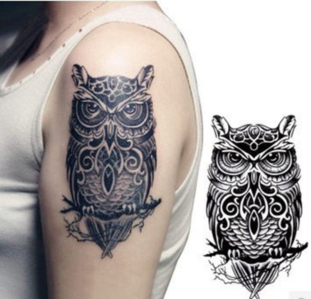 Black Ink Owl On Branch Tattoo On Girl Left Shoulder
