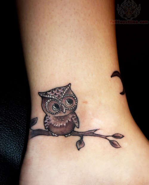 Black Ink Owl On Branch Tattoo On Right Ankle