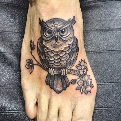 Black Ink Owl On Branch Tattoo On Right Foot By Steffan