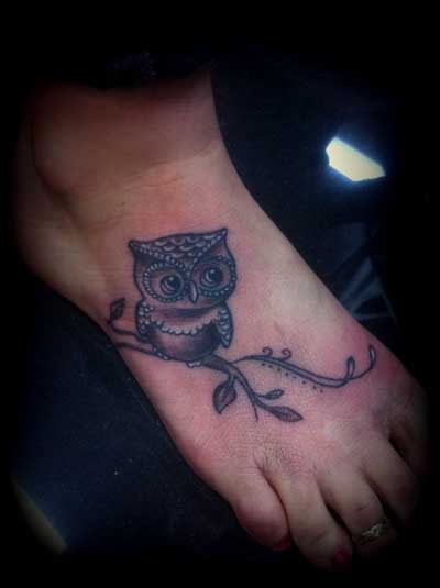 Black Ink Owl On Branch Tattoo On Right Foot