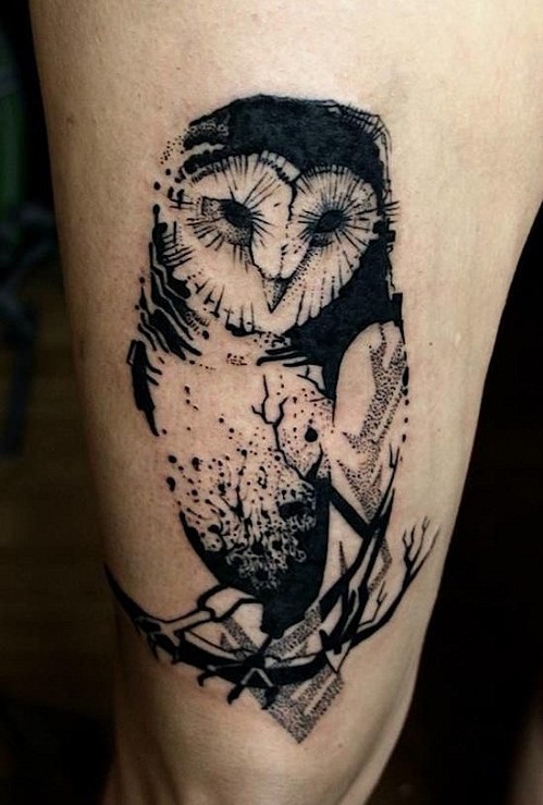 Black Ink Owl On Branch Tattoo On Thigh
