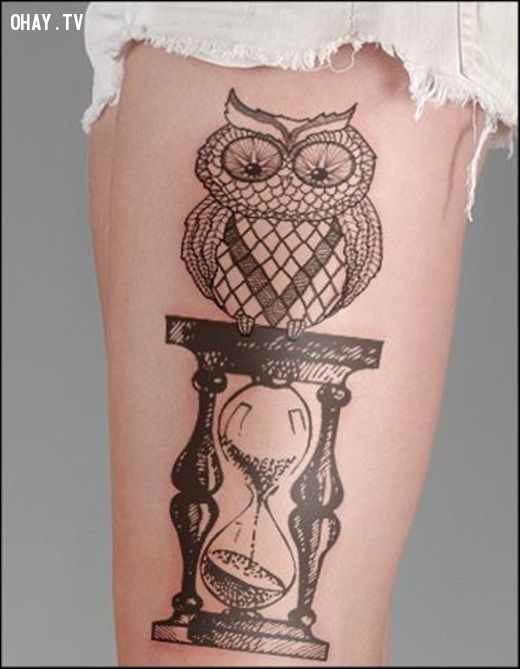 Black Ink Owl On Hourglass Tattoo Design