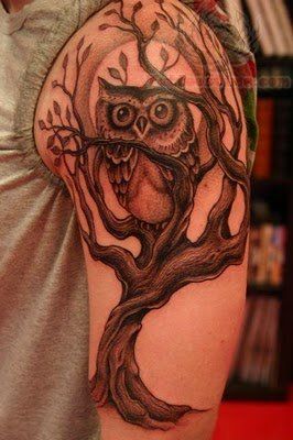 Black Ink Owl On Tree Tattoo On Left Half Sleeve