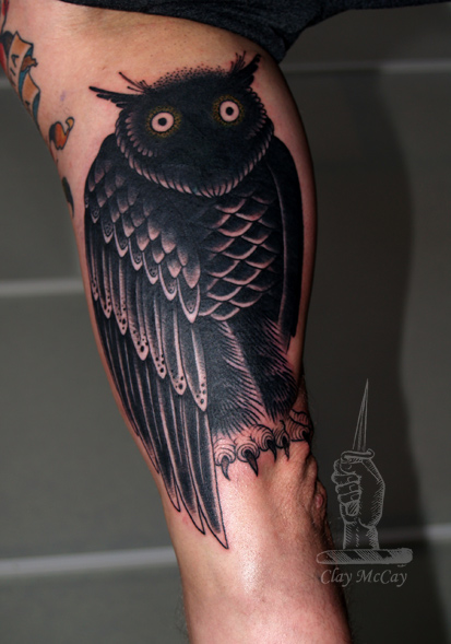 Black Ink Owl Tattoo On Bicep