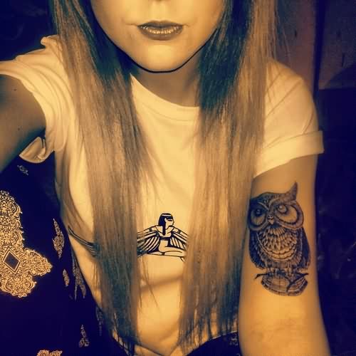 Black Ink Owl Tattoo On Girl Left Bicep