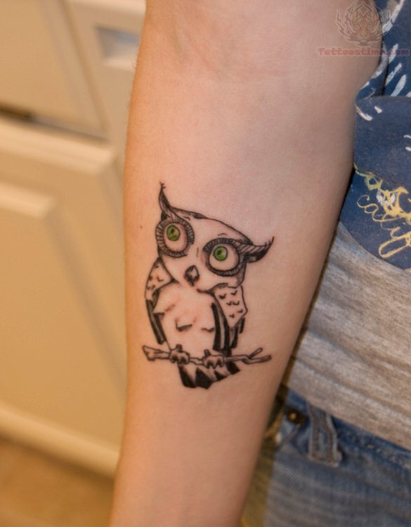 Black Ink Owl Tattoo On Girl Right Forearm