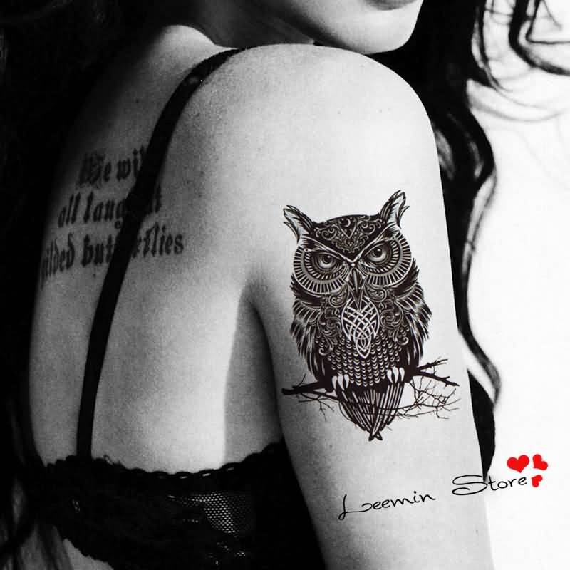 Black Ink Owl Tattoo On Girl Right Shoulder