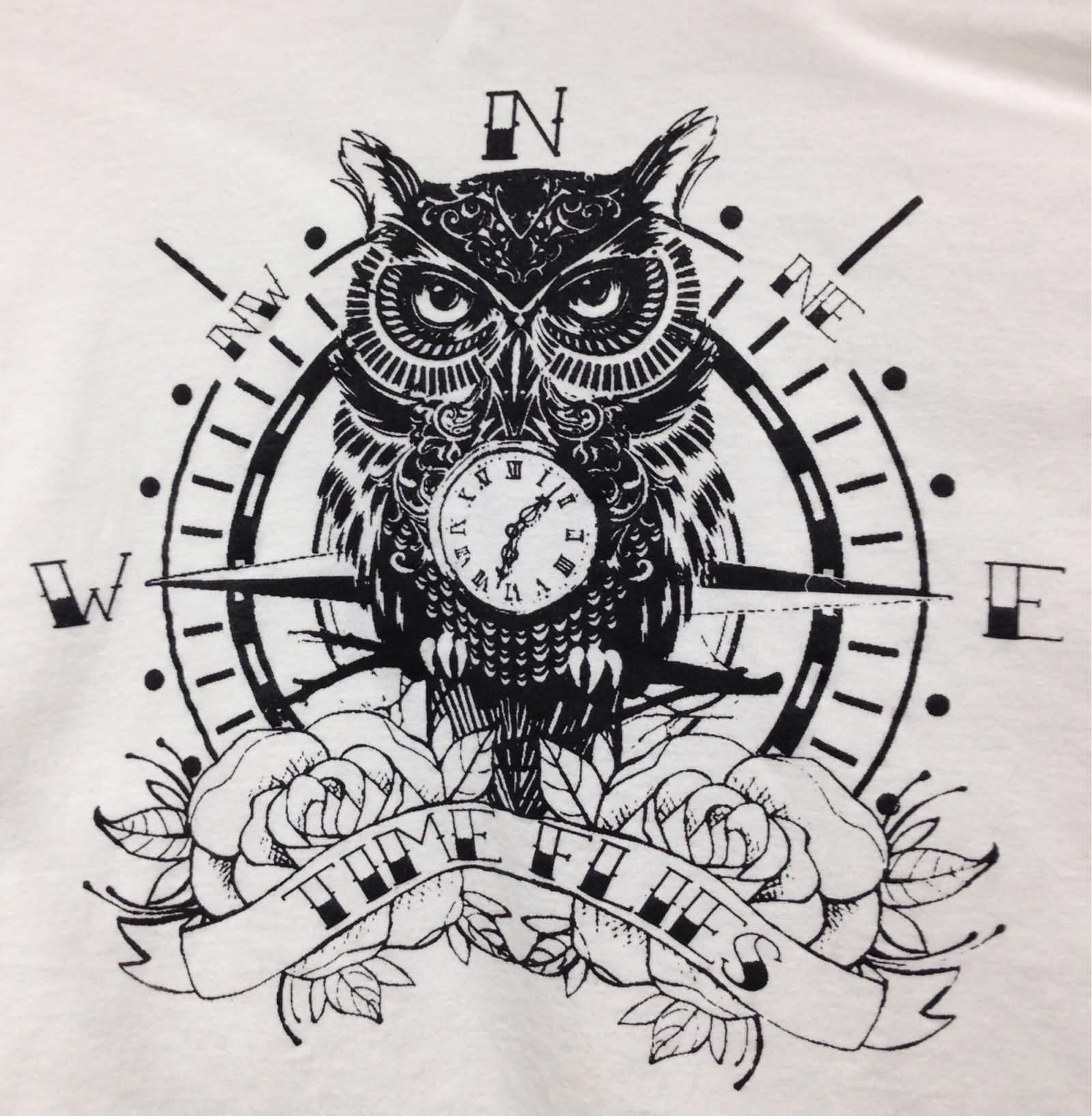 Black Ink Owl With Compass And Banner Tattoo Design