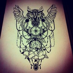 Black Ink Owl With Compass And Clock Tattoo Design