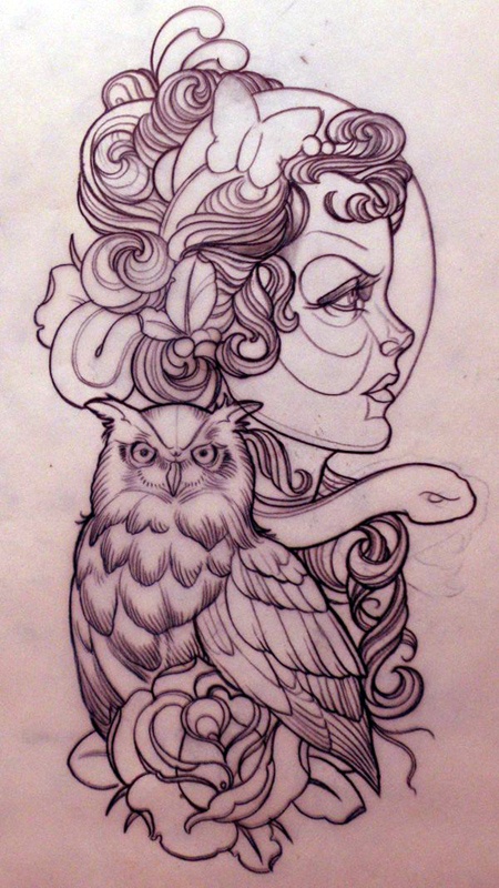 Black Ink Owl With Girl Face Tattoo Design By Emily Rose Murray