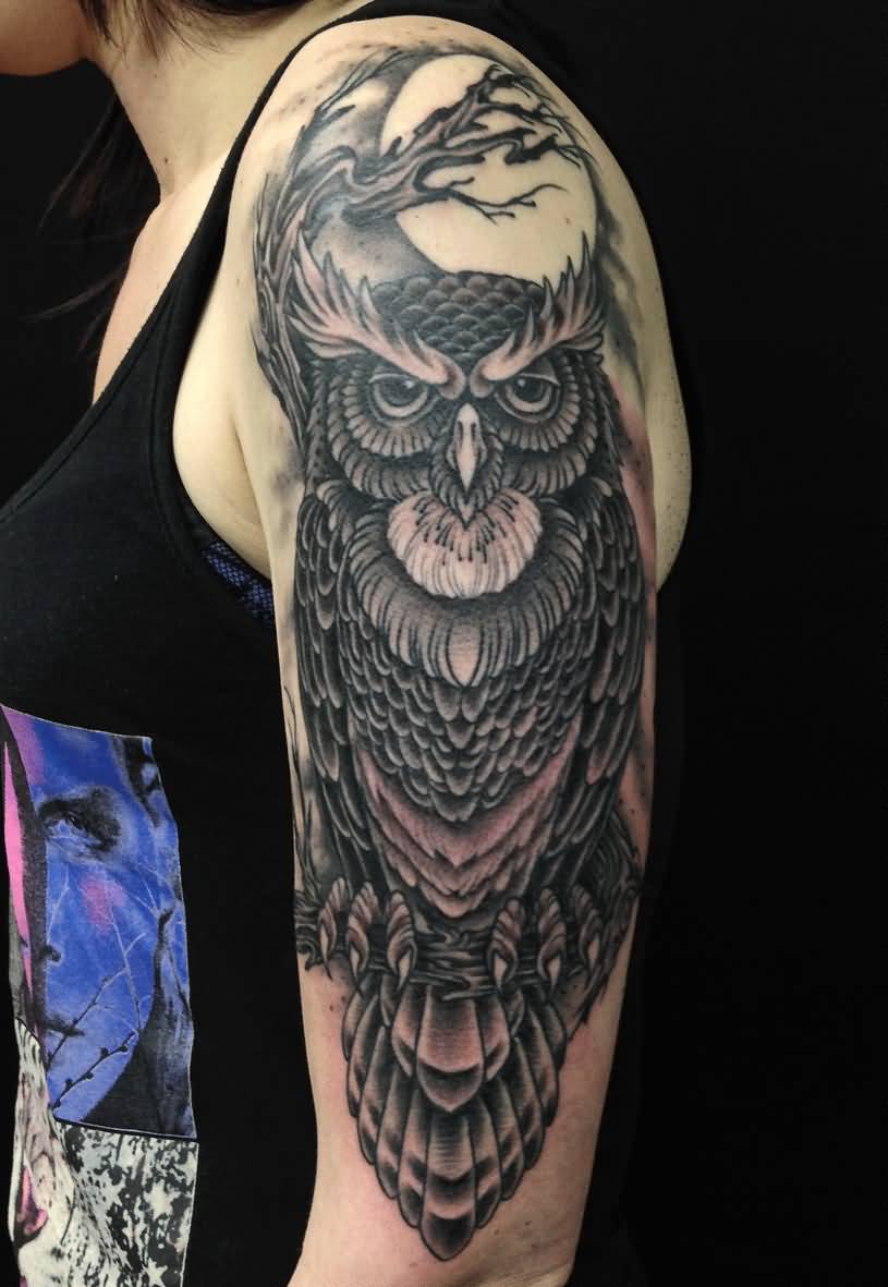 Black Ink Owl With Moon Tattoo On Girl Left Half Sleeve