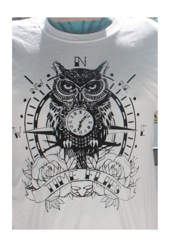 Black Ink Owl With Pocket Watch And Banner Tattoo Design By JackalopeClothing