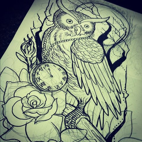Black Ink Owl With Pocket Watch And Rose Tattoo Design
