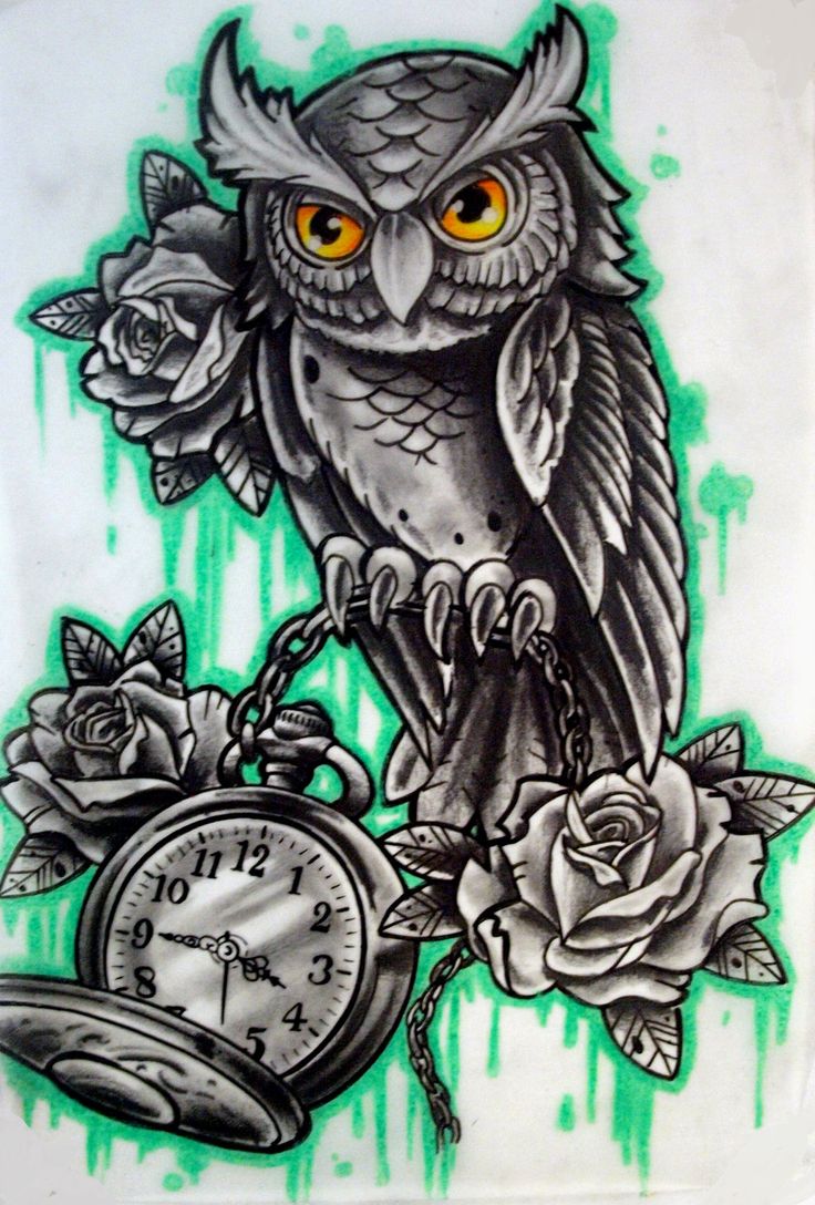 Black Ink Owl With Pocket Watch And Roses Tattoo Design