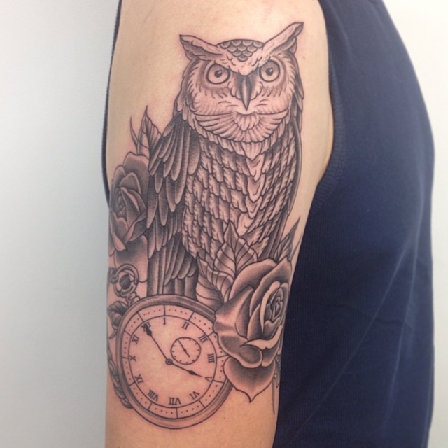 Black Ink Owl With Pocket Watch And Roses Tattoo On Man Right Half Sleeve