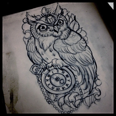 Black Ink Owl With Pocket Watch Tattoo Design