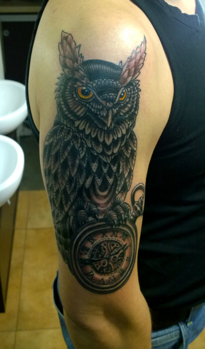 Black Ink Owl With Pocket Watch Tattoo On Man Right Half Sleeve