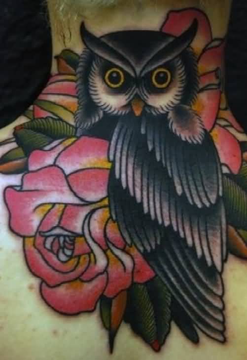 Black Ink Owl With Roses Tattoo On Man Back Neck