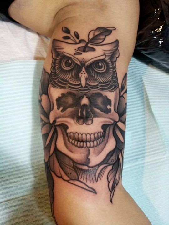 Black Ink Owl With Skull Tattoo On Left Bicep By F Cheung